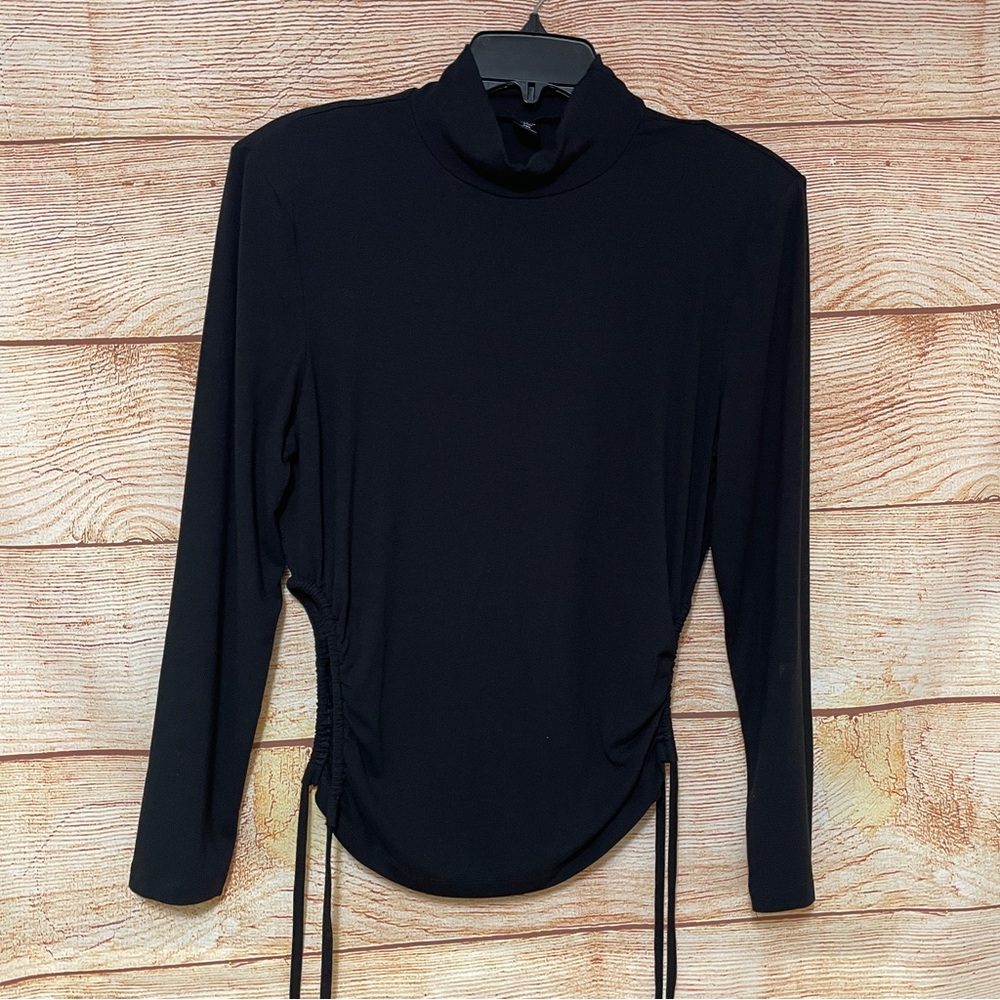 Plus Size 1X Black Mock Neck Cut Out Side Drawstring Long Sleeve Top Blouse